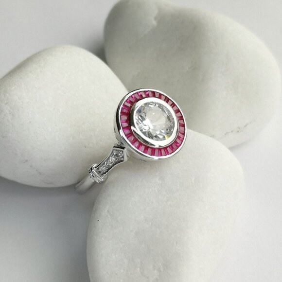 Art Deco White Sapphire and Ruby Ring in Sterling Silver engagement size 6 - Picture 5 of 12